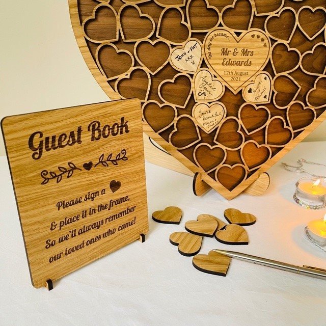 Wedding Heart Shaped Alternative Guestbook - Personalised- Oak & Walnut, Up to 300 Guests / Wood Engraved- Engagement Birthday Anniversary
