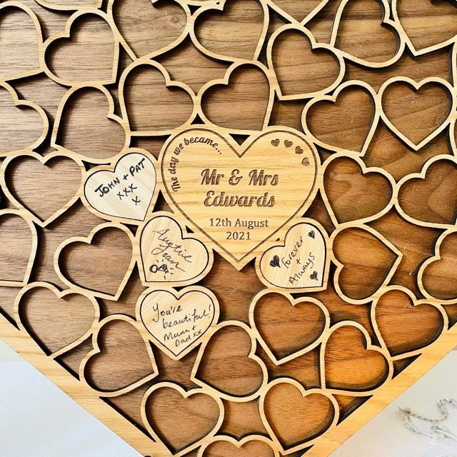 Wedding Heart Shaped Alternative Guestbook - Personalised- Oak & Walnut, Up to 300 Guests / Wood Engraved- Engagement Birthday Anniversary