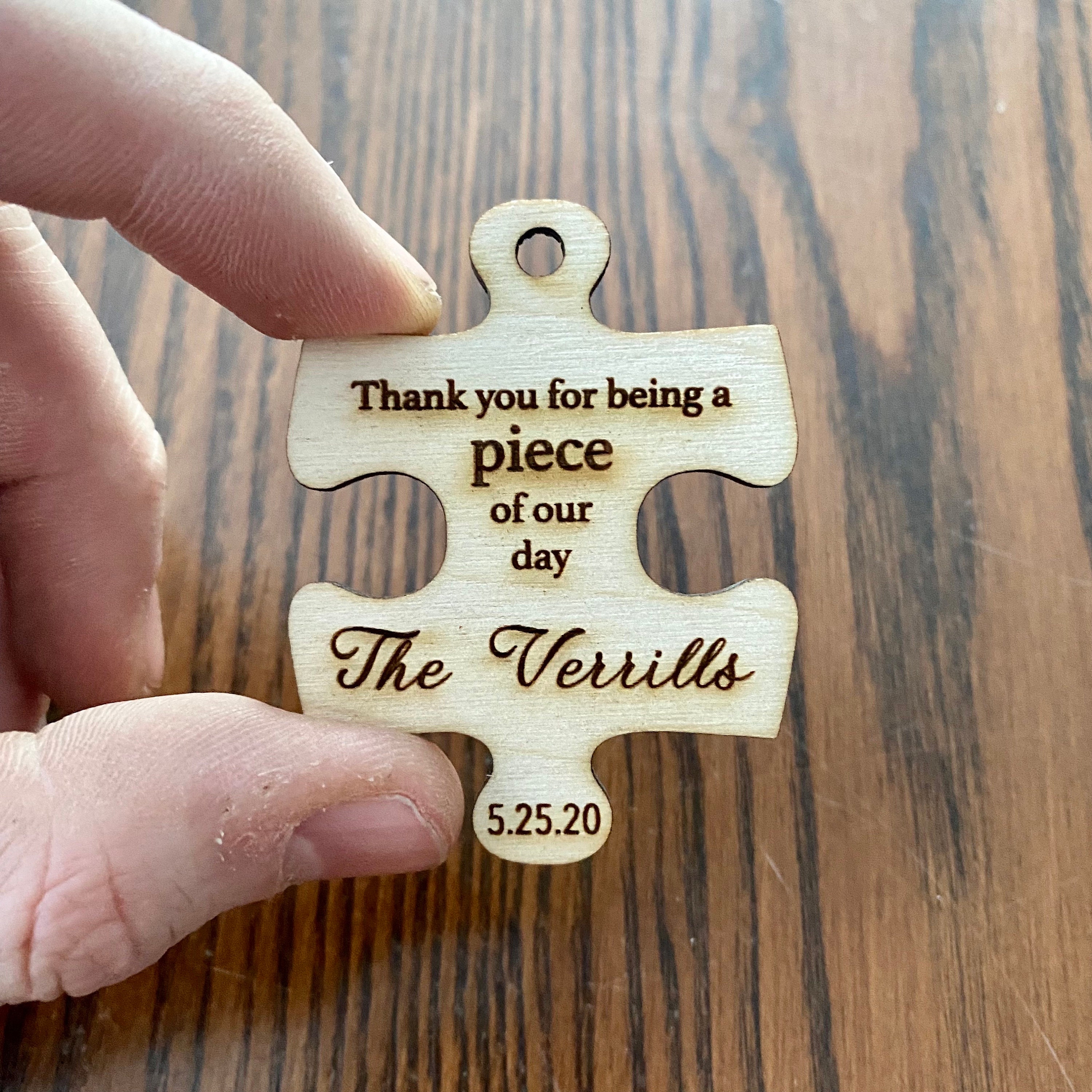 Wooden Puzzle Piece Wedding Favor - Laser Engraved with Name, Date, & Optional Magnet