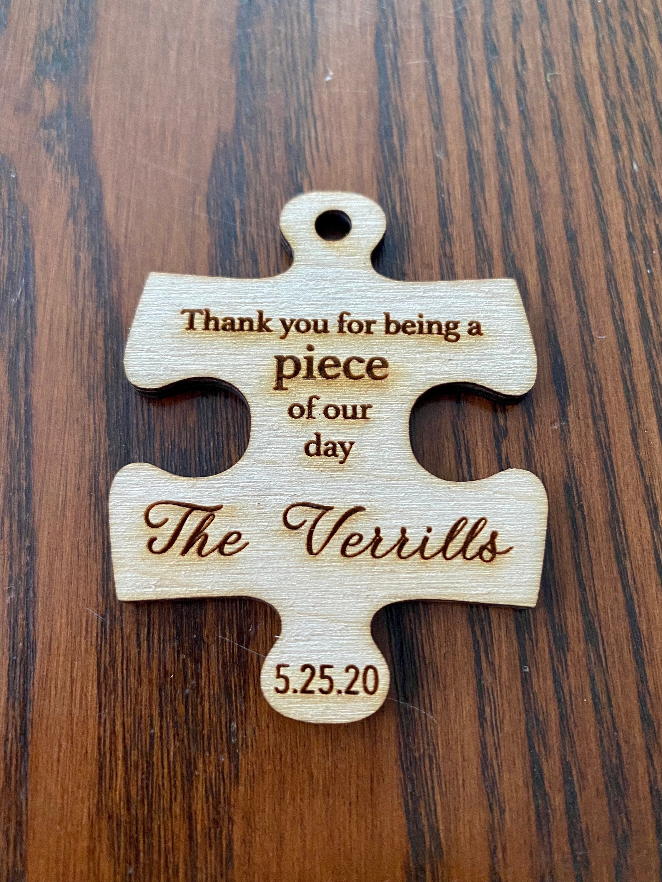 Wooden Puzzle Piece Wedding Favor - Laser Engraved with Name, Date, & Optional Magnet