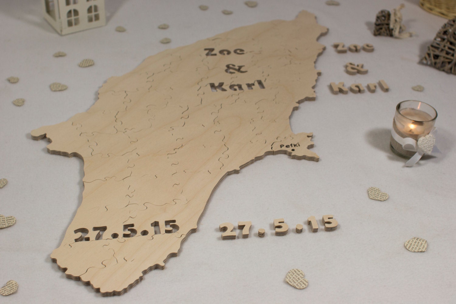 Map / Custom Shaped Puzzle - Alternative guest book puzzle for weddings & other occasions - Cut by Hand - Engraving and signing pen included